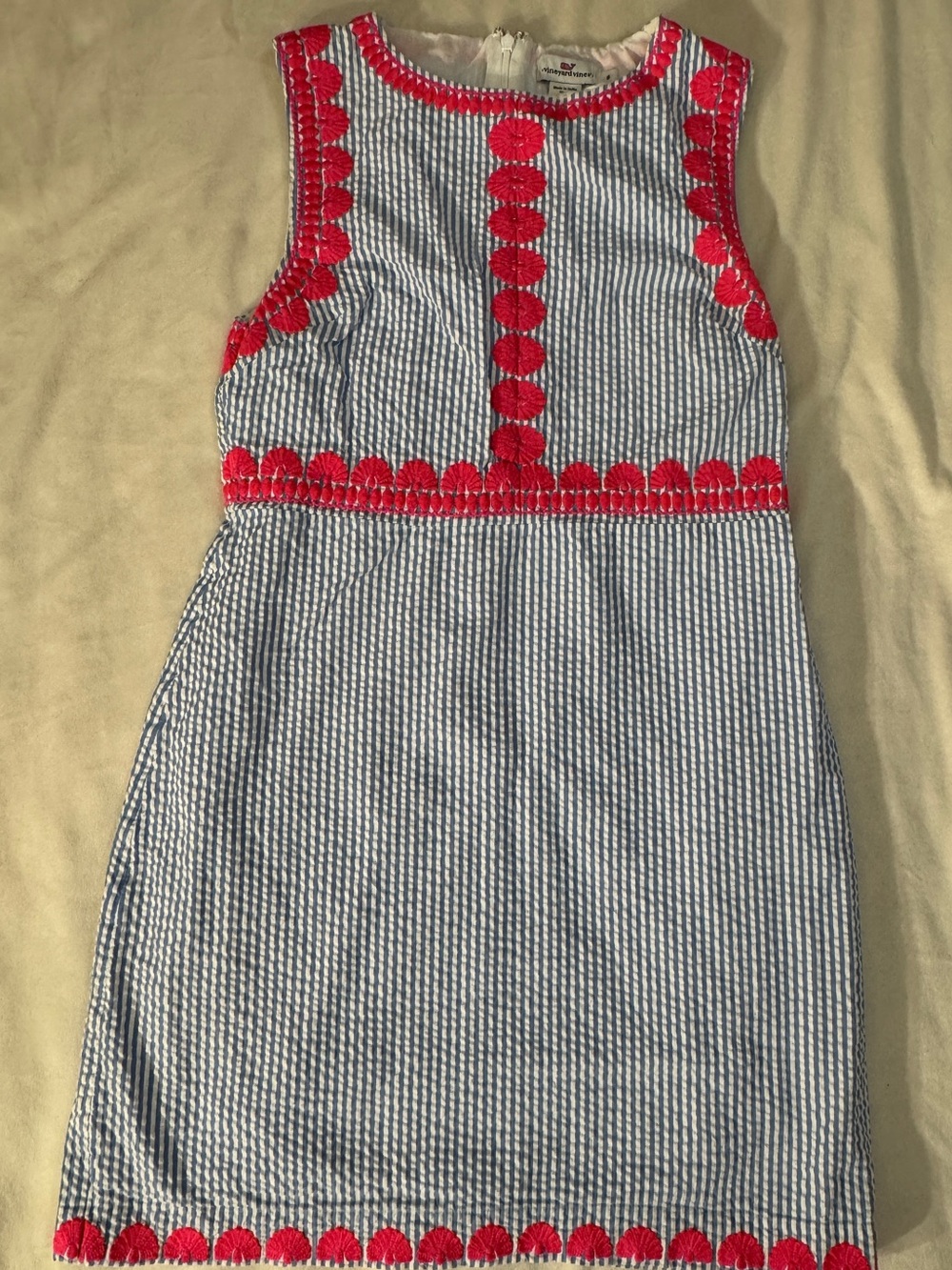 Vineyard Vines Blue Seersucker Dress with Pink Trim